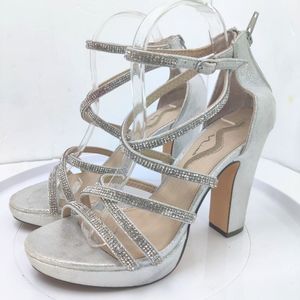 NINA SILVER Crystal Rhinestone Strappy Platform Heels Sz 9 Open Toe Zipper Back